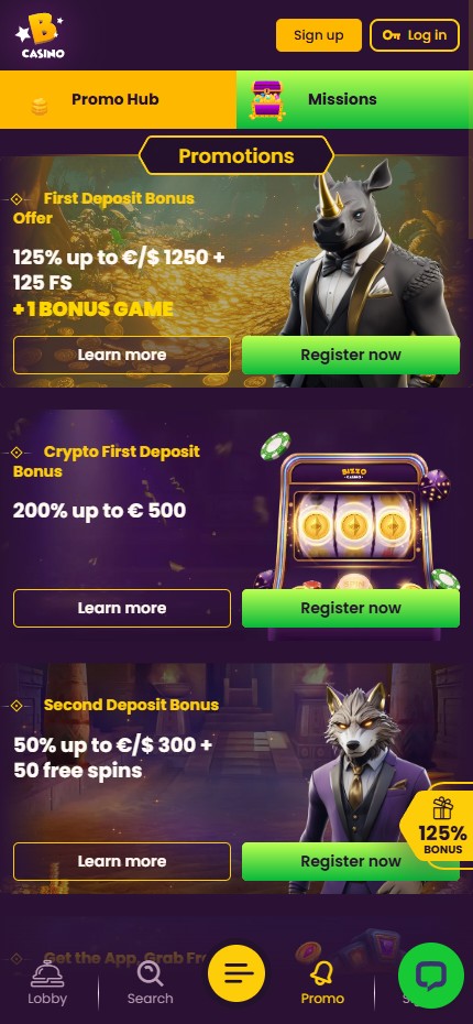 Bizzo Casino mobile lobby