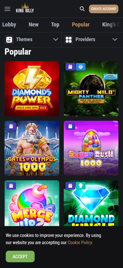 King Billy Casino mobile lobby